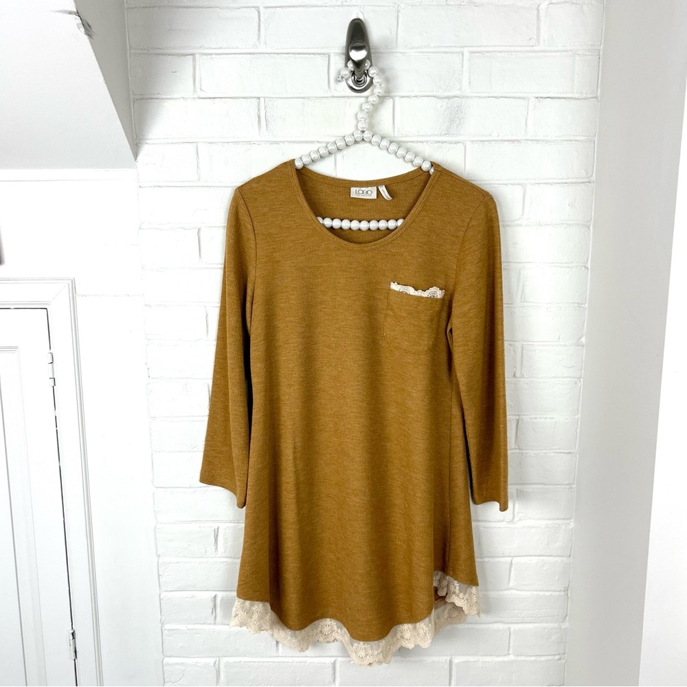 LOGO Lori Goldstein Waffle Knit Crotchet Trim Top Size XS